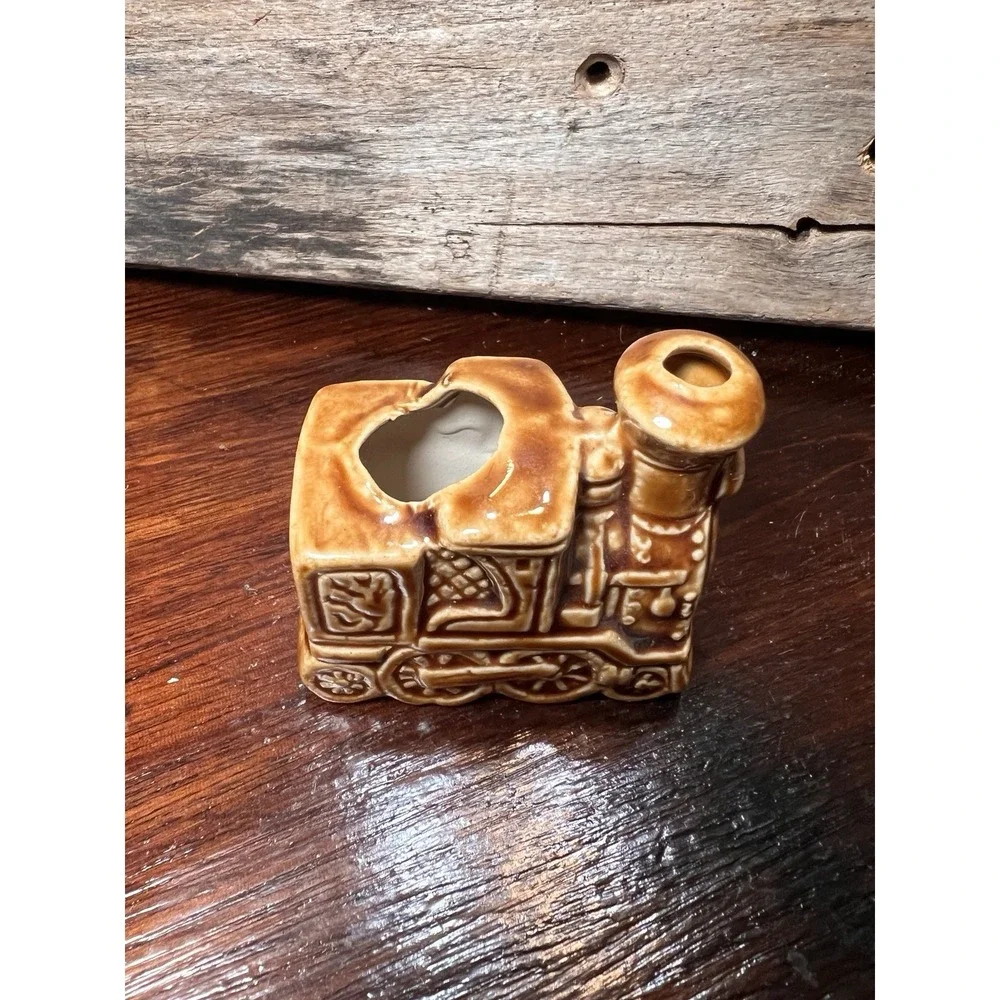 Vintage Train Toothpick Holder Ceramic Japan Collectible Brown Glazed Drip